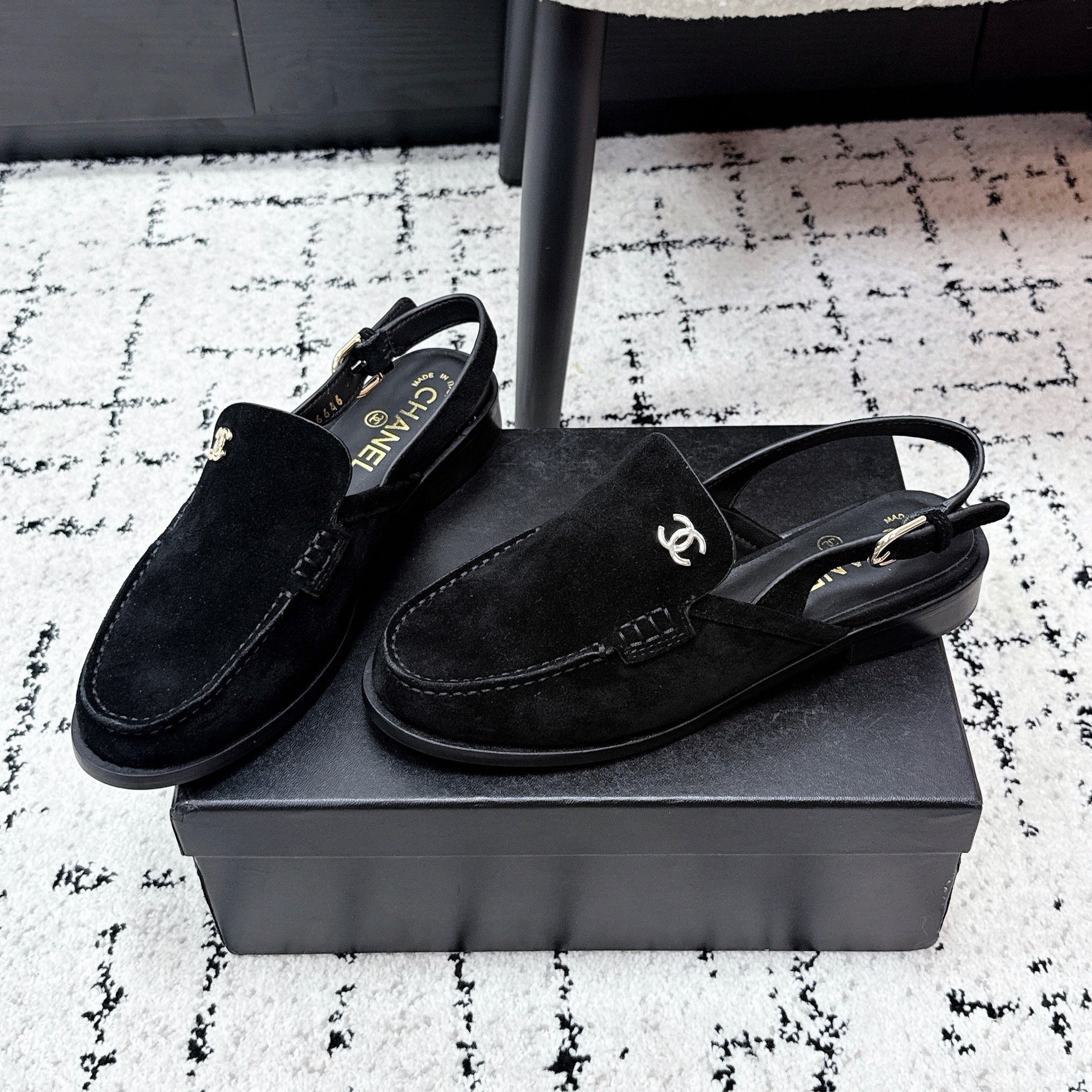 CHANEL 26S SLINGBACK LOAFERS IN BLACK SUEDE WITH CC LOGO