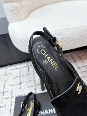 CHANEL 26S SLINGBACK LOAFERS IN BLACK SUEDE WITH CC LOGO