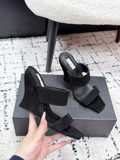 ALAIA 26S DOUBLE STRAP WEDGE SANDALS 95 MM IN BLACK SUEDE