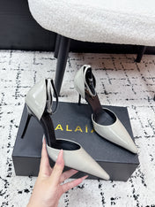 ALAIA 26S POINTED-TOE HEELS 90 MM IN LIGHT GREY PATENT CALFSKIN
