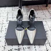 ALAIA 26S POINTED-TOE HEELS 90 MM IN LIGHT GREY PATENT CALFSKIN