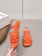 LOEWE 26S SQUARE TOE SANDALS IN ORANGE CALFSKIN LOGO