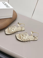 LOEWE 26S SQUARE TOE SANDALS IN GOLD CALFSKIN LOGO