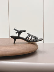 LOEWE 26S SQUARE TOE HEEL SANDALS 50MM IN BLACK CALFSKIN LOGO