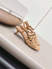 LOEWE 26S SQUARE TOE HEEL SANDALS 50MM IN LIGHT BROWN CALFSKIN LOGO