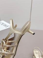 LOEWE 26S SQUARE TOE HEEL SANDALS 50MM IN GOLD CALFSKIN LOGO