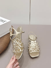 LOEWE 26S SQUARE TOE HEEL SANDALS 50MM IN GOLD CALFSKIN LOGO