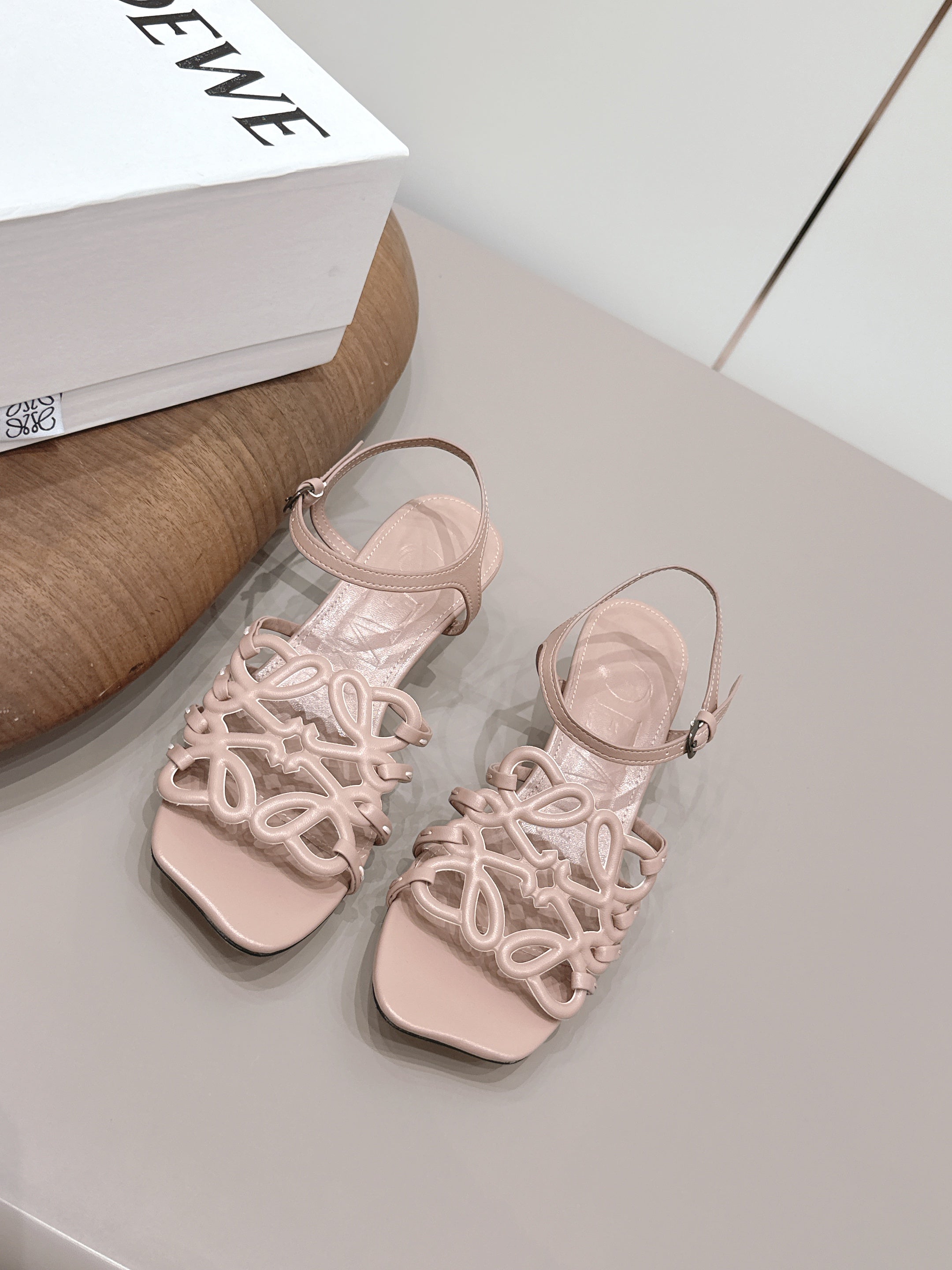 LOEWE 26S SQUARE TOE HEEL SANDALS 50MM IN PINK CALFSKIN LOGO