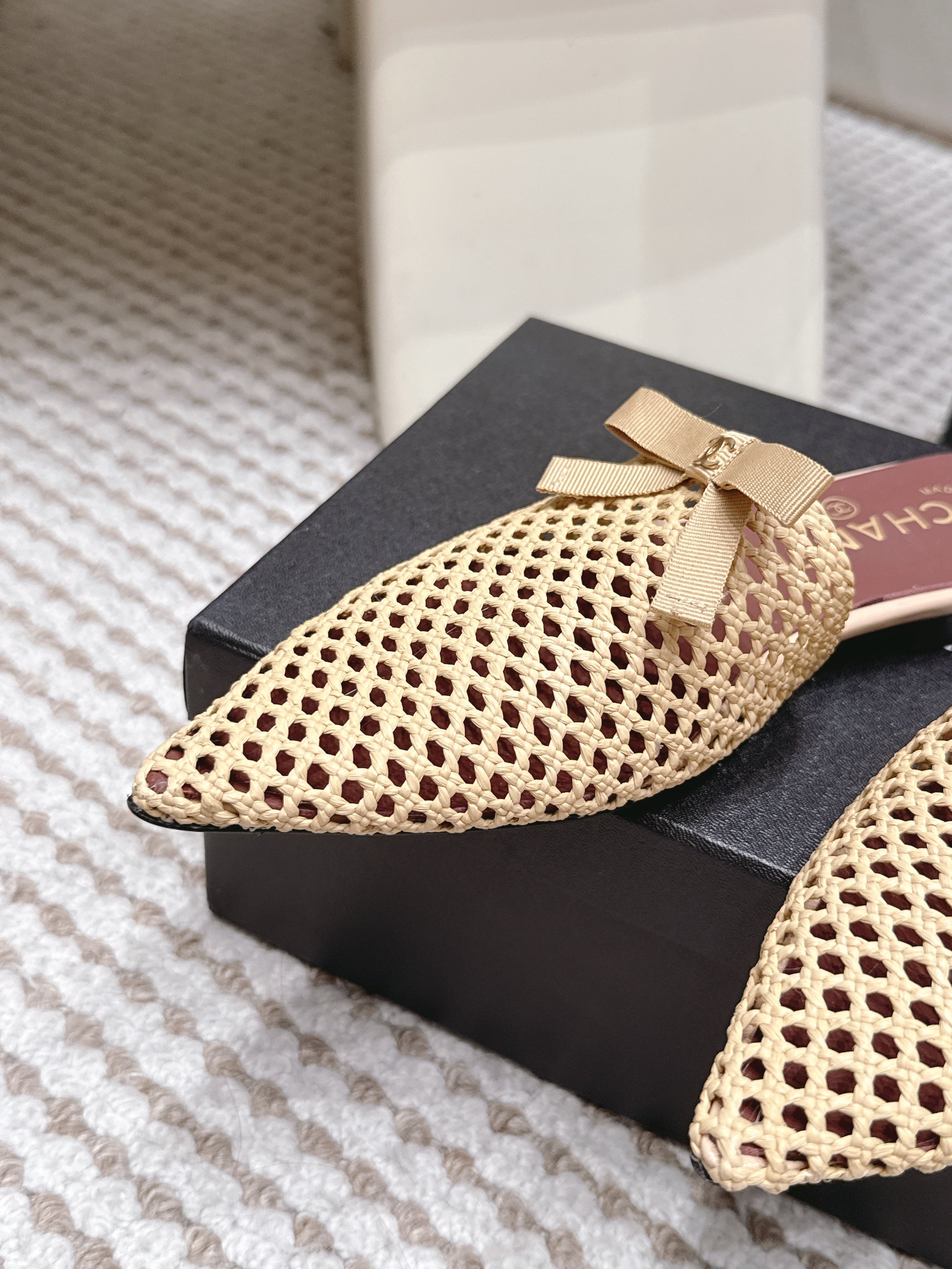 CHANEL 26S POINTED-TOE MULES IN BEIGE MESH