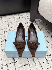 PRADA 26S POINTED-TOE BALLET IN DARK BROWN SUEDE