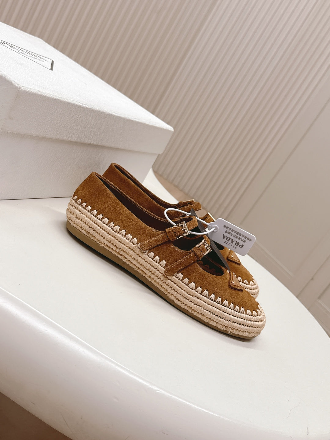 PRADA 26S MARY JANE ESPADRILLES SHOES IN CARAMEL BROWN SUEDE WITH LOGO