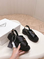 PRADA 25S SANDALS IN BLACK CALFSKIN LOGO GOLD HARDWARE