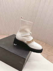 CHANEL ANKLE BOOTS 25S IN CREAM WHITE LAMBSKIN AND FABRIC WITH GOLD HARDWARE