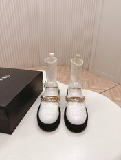 CHANEL ANKLE BOOTS 25S IN CREAM WHITE LAMBSKIN AND FABRIC WITH GOLD HARDWARE
