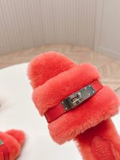 HM 25S ORAN SANDAL IN RED ORANGE SHEARLING WITH SILVER HARDWARE