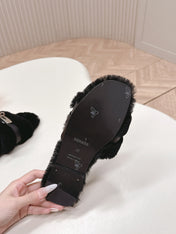 HM 25S ORAN SANDAL IN BLACK SHEARLING WITH SILVER HARDWARE