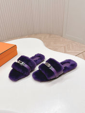HM 25S ORAN SANDAL IN DARK PURPLE SHEARLING WITH SILVER HARDWARE