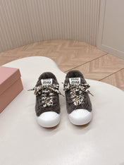 MIUMIU 25S SNEAKERS IN DARK BROWN SHEARLING WITH LEOPARD-PRINT LACES