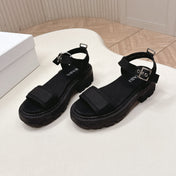 PRADA 26S SINGLE STRAP CHUNKY SOLE SANDALS IN BLACK CANVAS
