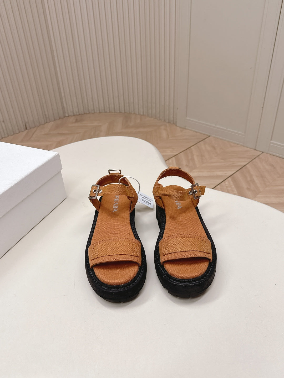 PRADA 26S SINGLE STRAP CHUNKY SOLE SANDALS IN CARAMEL BROWN CANVAS
