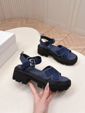 PRADA 26S CROSS STRAP CHUNKY SOLE SANDALS IN NAVY BLUE CANVAS