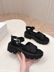PRADA 26S CROSS STRAP CHUNKY SOLE SANDALS IN BLACK CANVAS