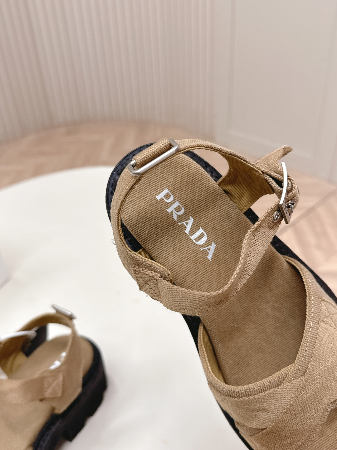 PRADA 26S CROSS STRAP CHUNKY SOLE SANDALS IN BROWN CANVAS