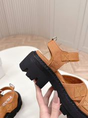 PRADA 26S CROSS STRAP CHUNKY SOLE SANDALS IN CARAMEL BROWN CANVAS