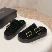 PRADA 26S DOUBLE STRAP PLATFORM SLIDES SANDALS IN BLACK SUEDE