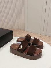 PRADA 26S DOUBLE STRAP PLATFORM SLIDES IN BROWN CALFSKIN WITH VELCRO
