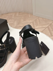 PRADA 26S CAGED PLATFORM HEEL SANDALS IN BLACK CALFSKIN