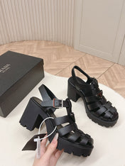 PRADA 26S CAGED PLATFORM HEEL SANDALS IN BLACK CALFSKIN