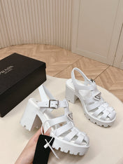 PRADA 26S CAGED PLATFORM HEEL SANDALS IN WHITE CALFSKIN