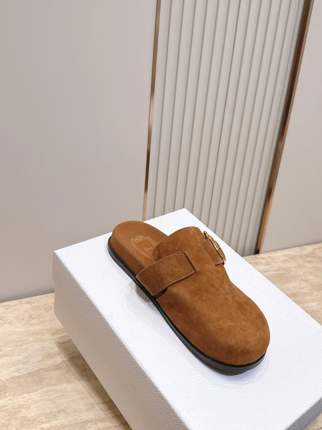 DIOR 26S BUCKLE MULE LOAFERS IN CARAMEL BROWN SUEDE GOLD HARDWARE