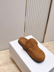 DIOR 26S BUCKLE MULE LOAFERS IN CARAMEL BROWN SUEDE GOLD HARDWARE