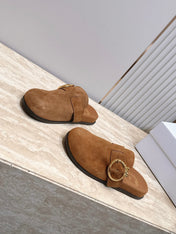 DIOR 26S BUCKLE MULE LOAFERS IN CARAMEL BROWN SUEDE GOLD HARDWARE