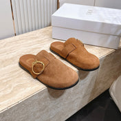 DIOR 26S BUCKLE MULE LOAFERS IN CARAMEL BROWN SUEDE GOLD HARDWARE
