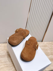 DIOR 26S BUCKLE MULE LOAFERS IN CARAMEL BROWN SUEDE GOLD HARDWARE