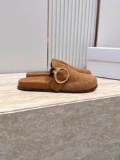 DIOR 26S BUCKLE MULE LOAFERS IN CARAMEL BROWN SUEDE GOLD HARDWARE