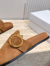 DIOR 26S BUCKLE MULE LOAFERS IN CARAMEL BROWN SUEDE GOLD HARDWARE
