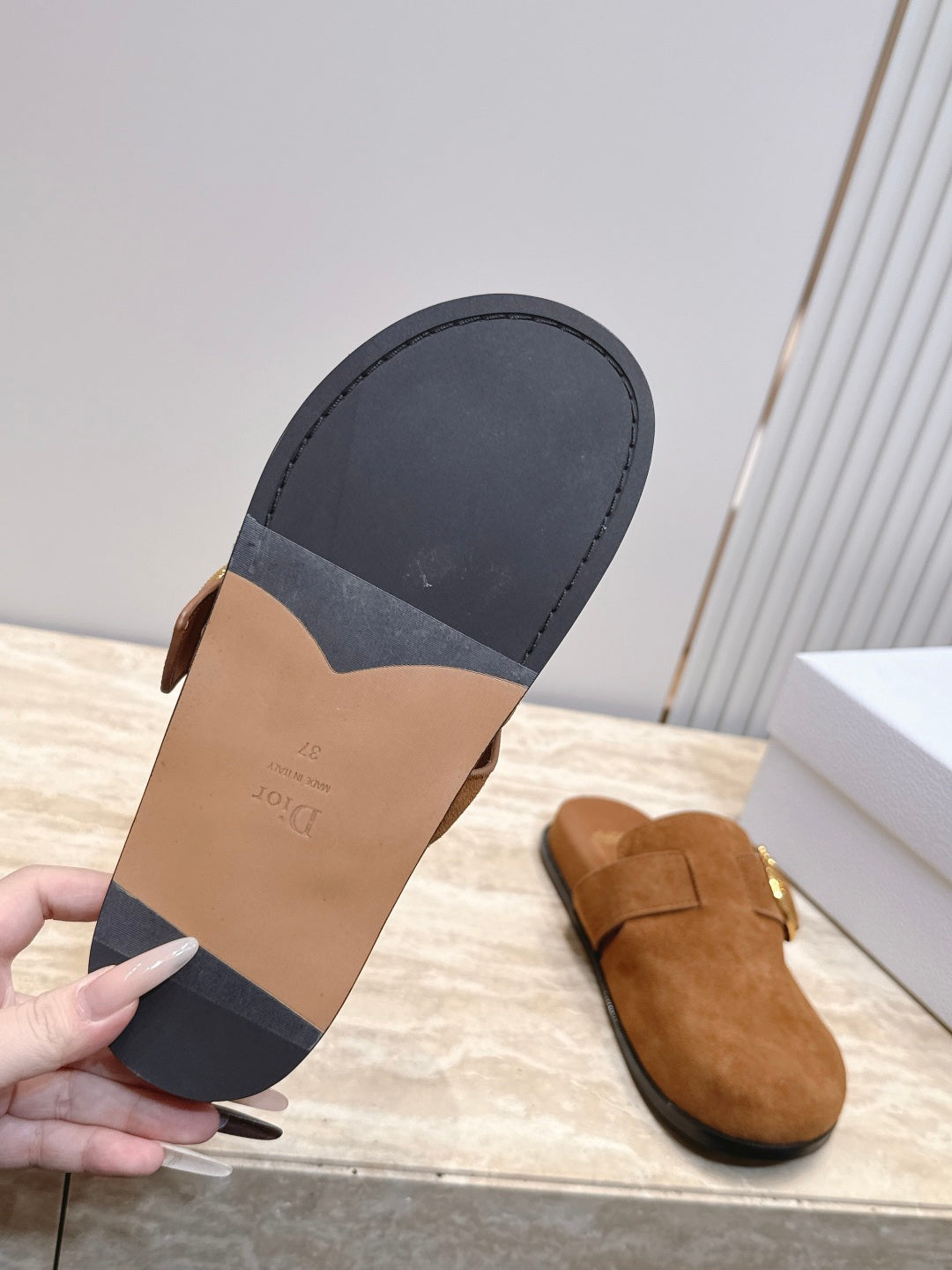 DIOR 26S BUCKLE MULE LOAFERS IN CARAMEL BROWN SUEDE GOLD HARDWARE