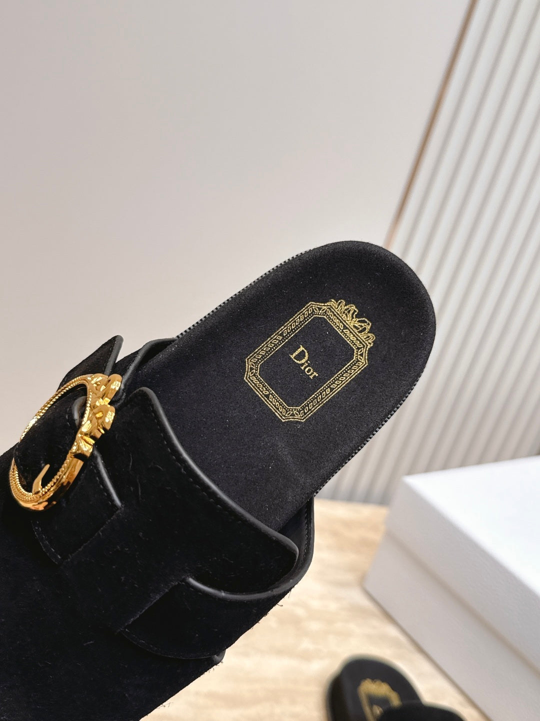 DIOR 26S BUCKLE MULE LOAFERS IN BLACK SUEDE GOLD HARDWARE