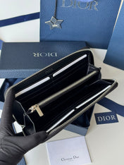 DIOR 25S SADDLE LONG ZIPPED WALLET 19 IN BLACK GRAINED CALFSKIN MARQUETRY