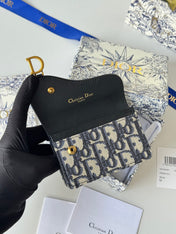 DIOR 25S SADDLE JASMINE GUSSET CARD HOLDER 10 IN BLUE BLACK OBLIQUE JACQUARD CANVAS AND CALFSKIN
