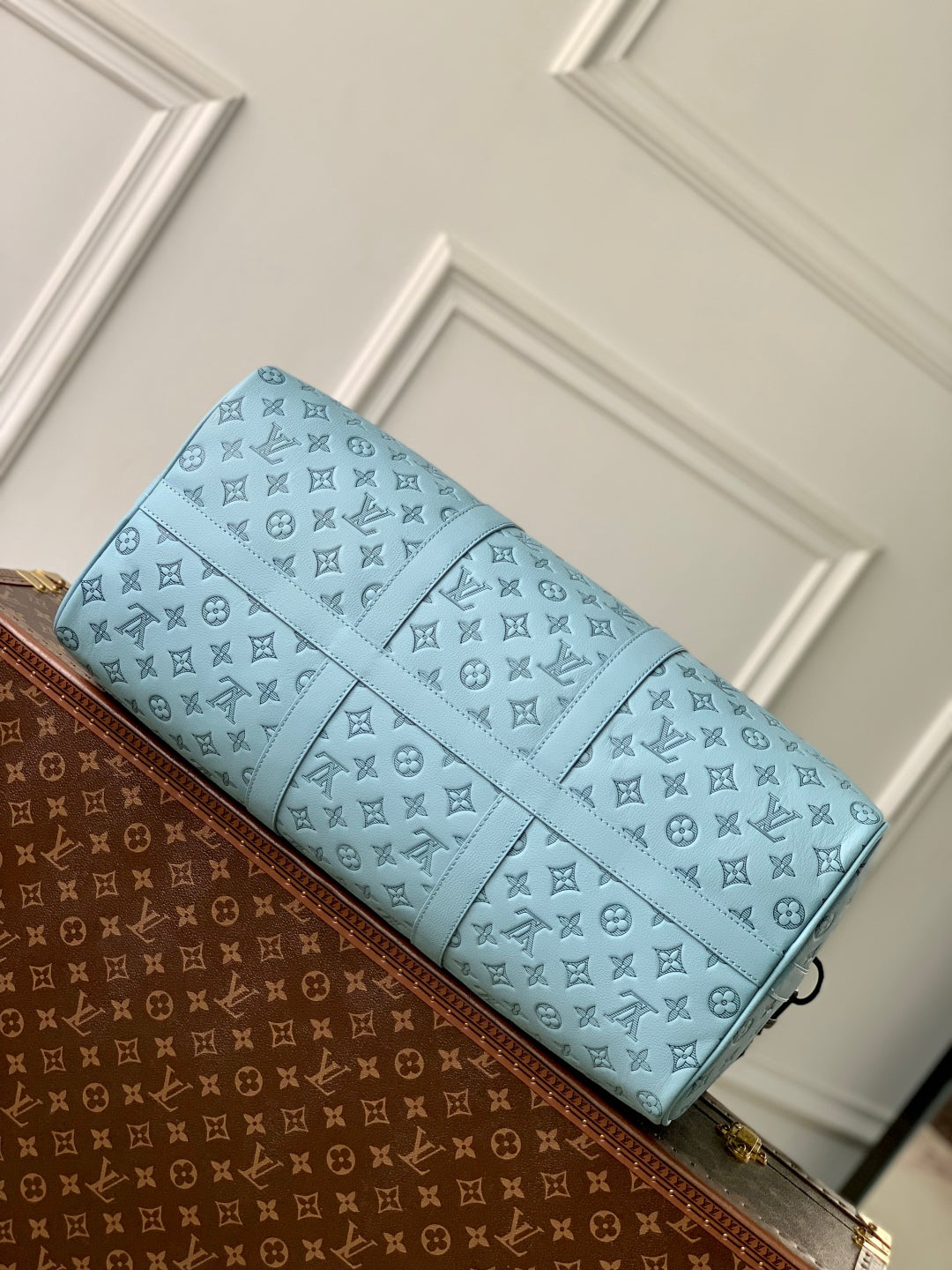 KEEPALL BANDOULIÈRE 50 IN SKY BLUE MONOGRAM SHADOW EMBOSSED CALFSKIN