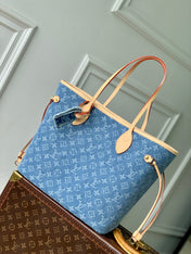 NEVERFULL MM 31 IN DENIM BLUE MONOGRAM COWHIDE LEATHER TRIM