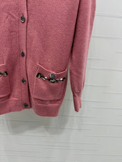 CHANEL HEAVY KNIT CARDIGAN WITH EMBELLISHED FLORAL DETAILS 274876