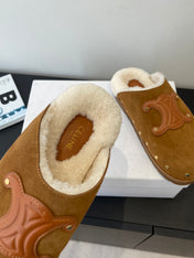 CELINE 26S FUR-LINED MULES IN BROWN SUEDE