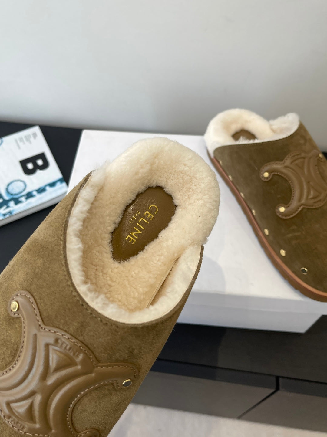 CELINE 26S FUR-LINED MULES IN OLIVE GREEN SUEDE