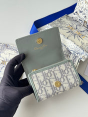 DIOR 25S CARO CARD HOLDER 11 IN GRAY CALFSKIN AND CANVAS GOLD HARDWARE